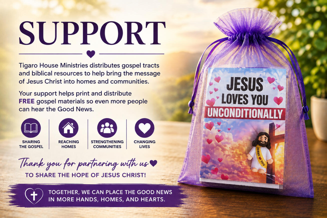 Support the mission- Help distribute Biblical Resources- Tigaro House Ministries Tigaro House Ministries Support the Mission graphic featuring a Gospel tract gift bag and an invitation to help provide free Gospel materials to homes and communities.