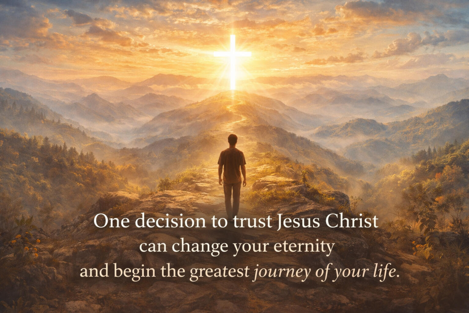 Trusting Jesus Christ-The beginning of a new life Person walking towards a glowing cross representing trusting Jesus Christ and beginning a new life of faith