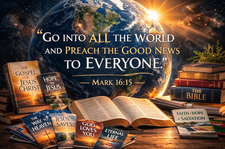 Mark 16:15 - Go into all the world and preach the gospel - Tigaro House Globe of the earth with christian books and gospel tracts representing Tigaro House publishing and the scripture Mark 16:15 about preaching the gospel