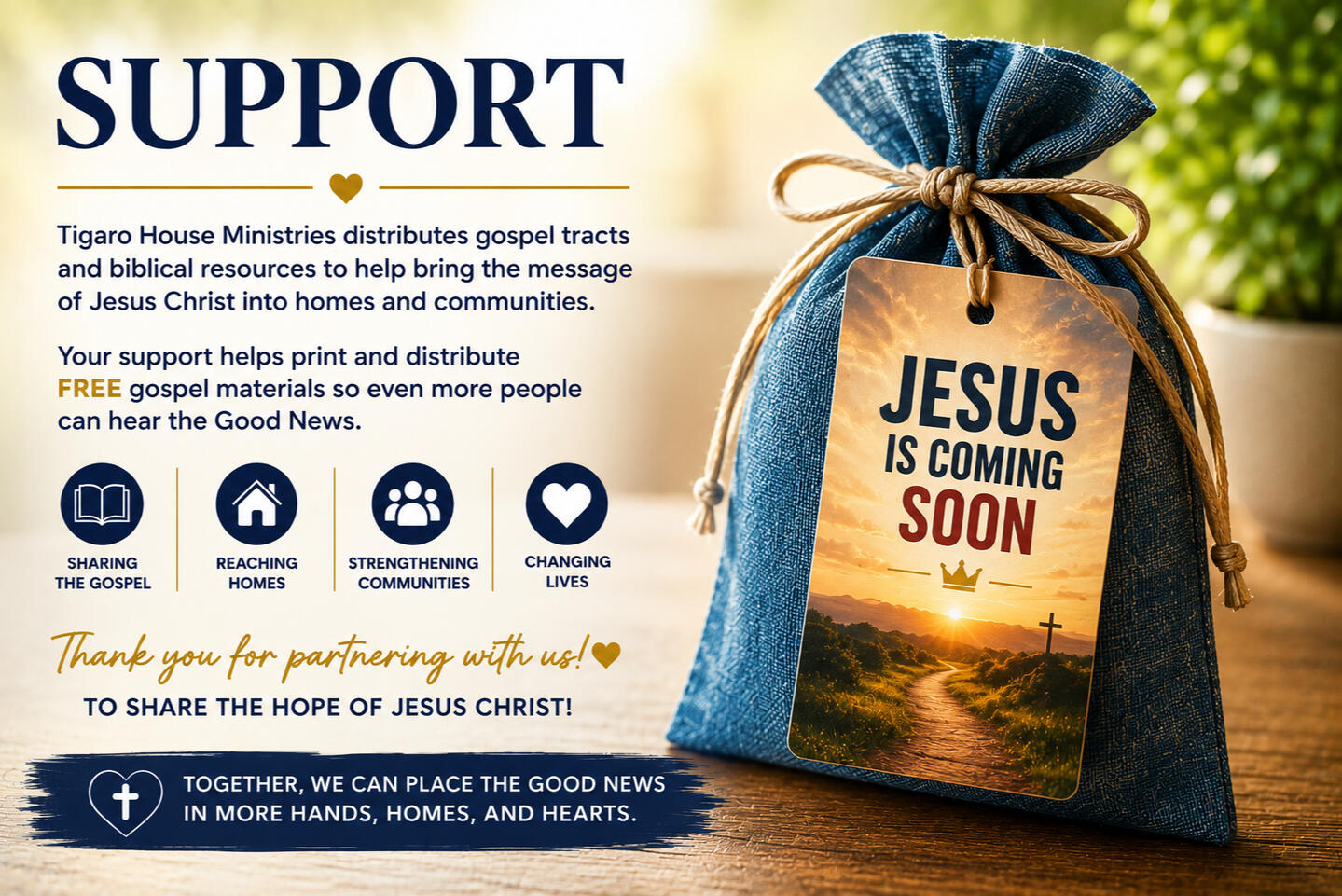 Support the mission- Help distribute Biblical Resources- Tigaro House Ministries Tigaro House Ministries Support the Mission graphic featuring a Gospel tract gift bag and an invitation to help provide free Gospel materials to homes and communities.